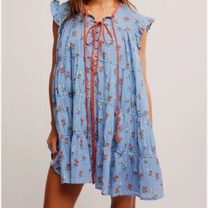 Free People Blue Floral Dress with Red Trim
